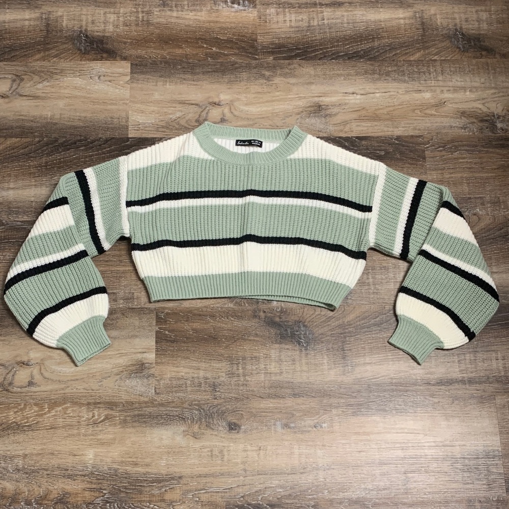 Mint, Black And Cream Striped Crew Neck Cropped Sweater.  Size Small.